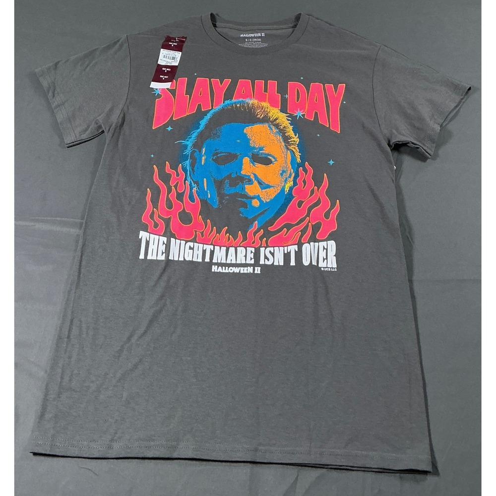 Halloween II Michael Myers Slay All Day Graphic T-Shirt Mens Small Charcoal Grey